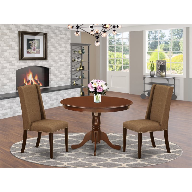 Pemberly Row 3-Piece Wood Dining Set with Linen Fabric Chairs in Mahogany Beige