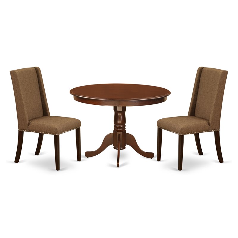 Pemberly Row 3-Piece Wood Dining Set with Linen Fabric Chairs in Mahogany Beige