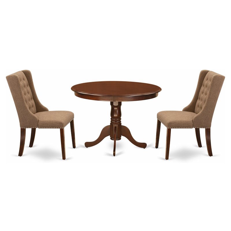 Pemberly Row 3-Piece Wood Dining Set with Linen Fabric Chairs in Mahogany Sable