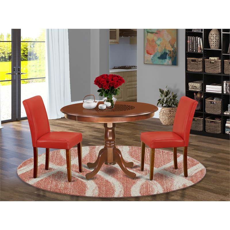 Pemberly Row 3-Piece Dining Set with Leather Seat in Mahogany Wood Finish