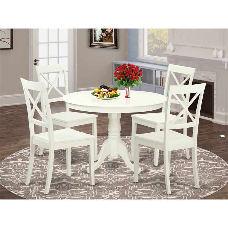Pemberly Row 5-Piece Round Wood Dining Set in Linen White with Wooden Seats