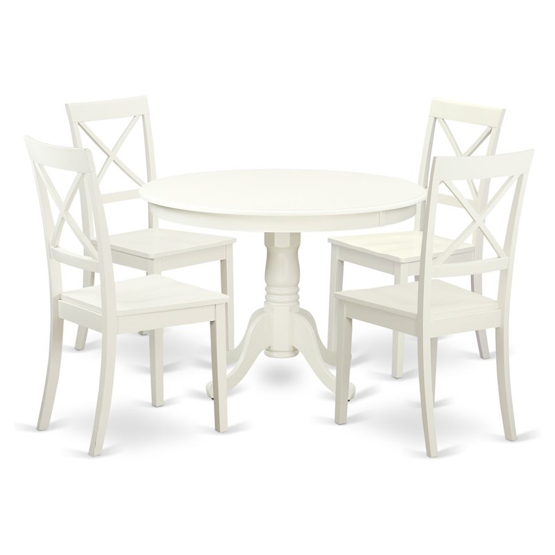 Pemberly Row 5-Piece Round Wood Dining Set in Linen White with Wooden Seats
