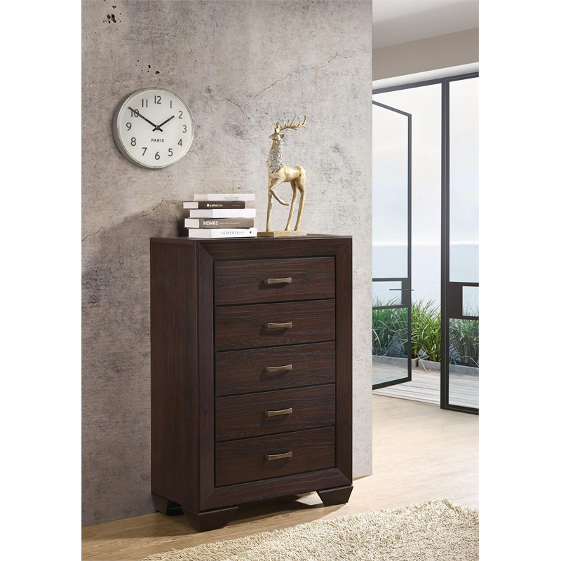 Pemberly Row 5-Drawer Bedroom Chest with Brass Pulls in Dark Cocoa