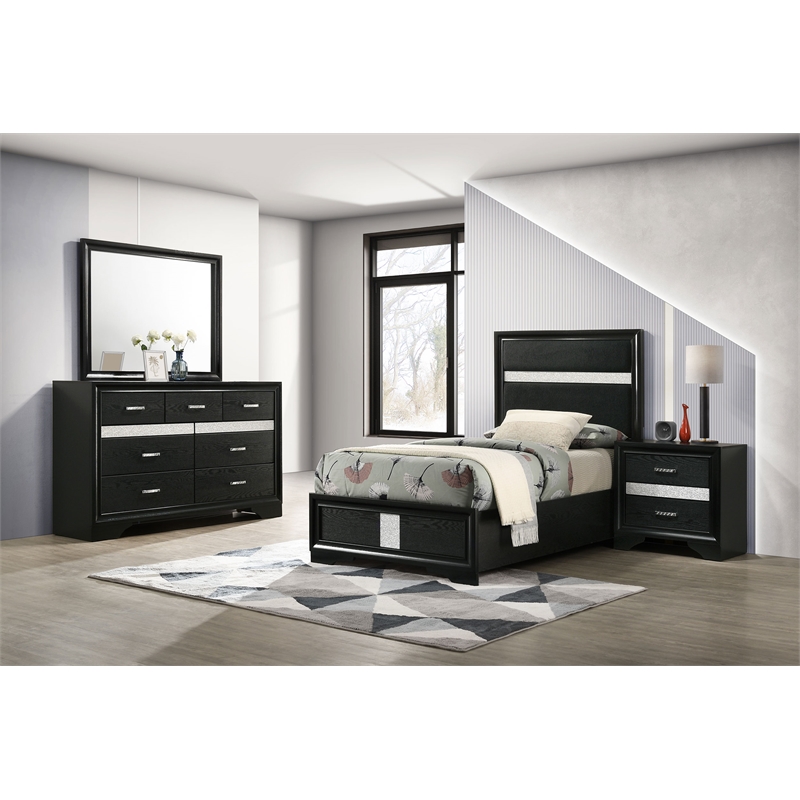 Pemberly Row 4-Piece Twin Upholstered Bedroom Set in Black Finish