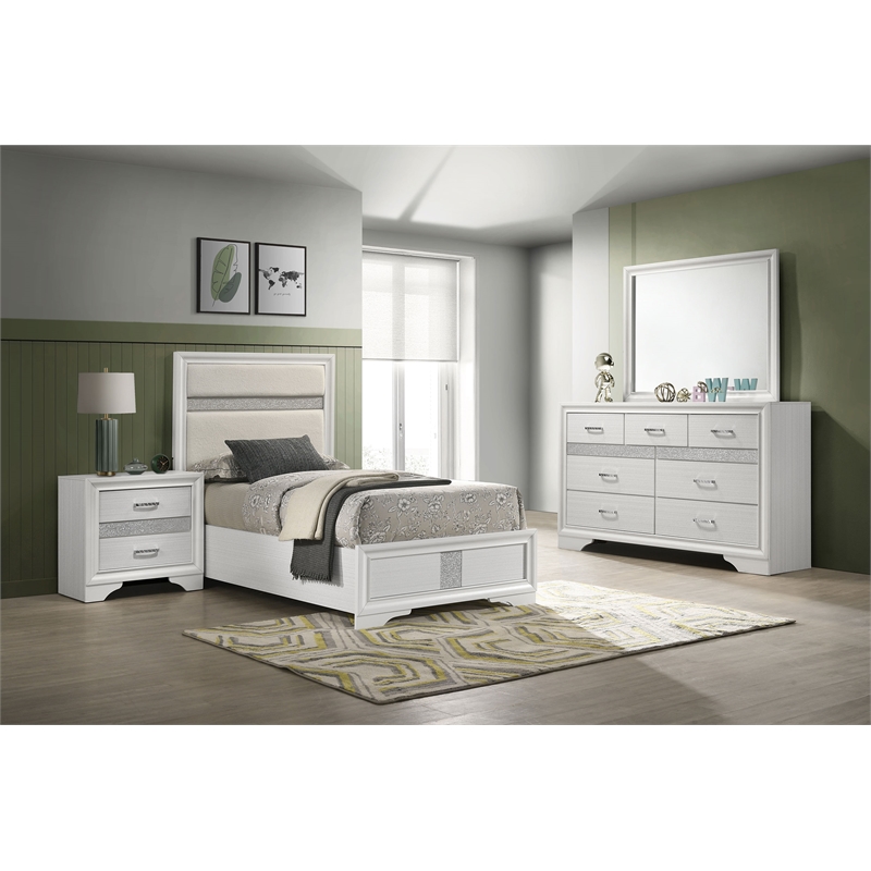 Pemberly Row 4-Piece Twin Upholstered Bedroom Set in White Finish