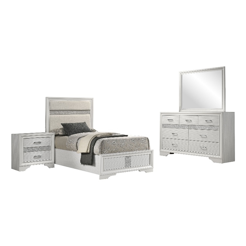 Pemberly Row 4-Piece Twin Upholstered Bedroom Set in White Finish