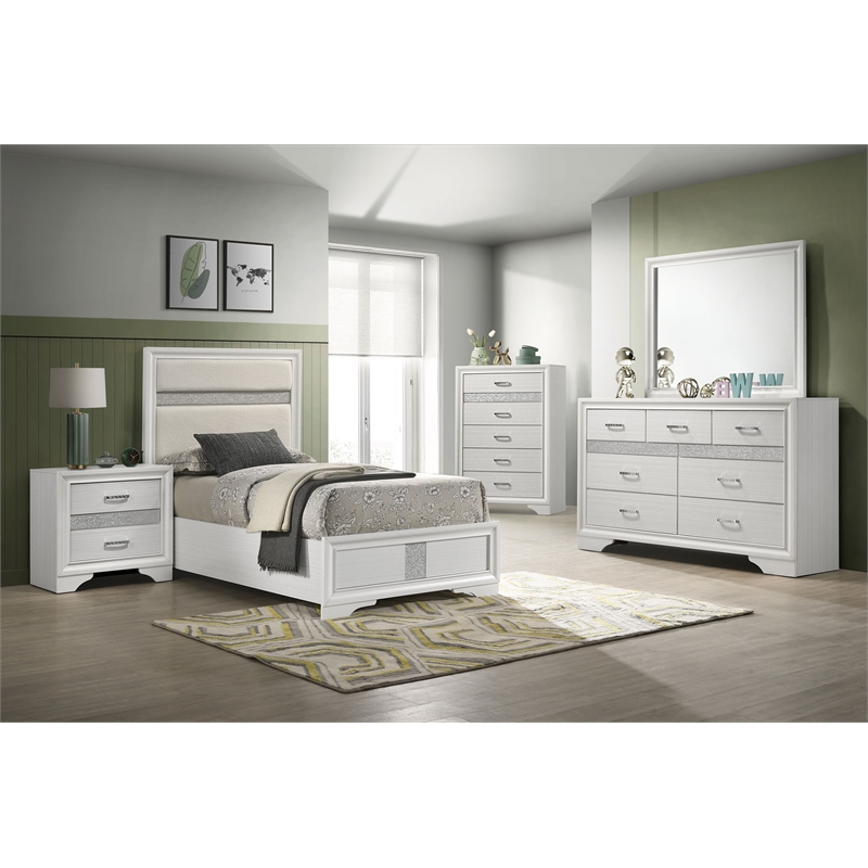 Pemberly Row 5-Piece Twin Upholstered Bedroom Set in White Finish