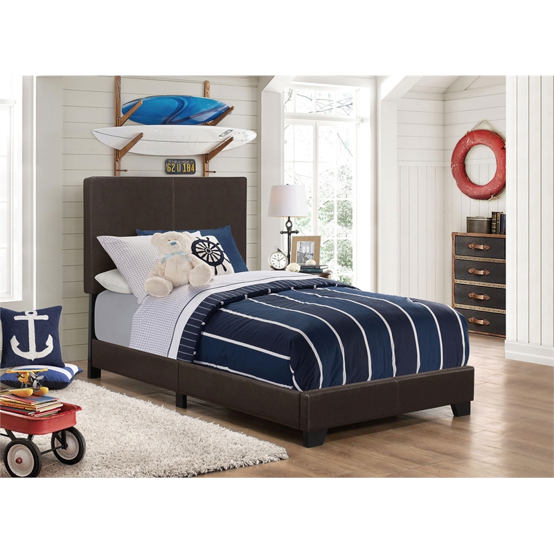 Pemberly Row Faux Leather Upholstered Twin Panel Bed in Brown