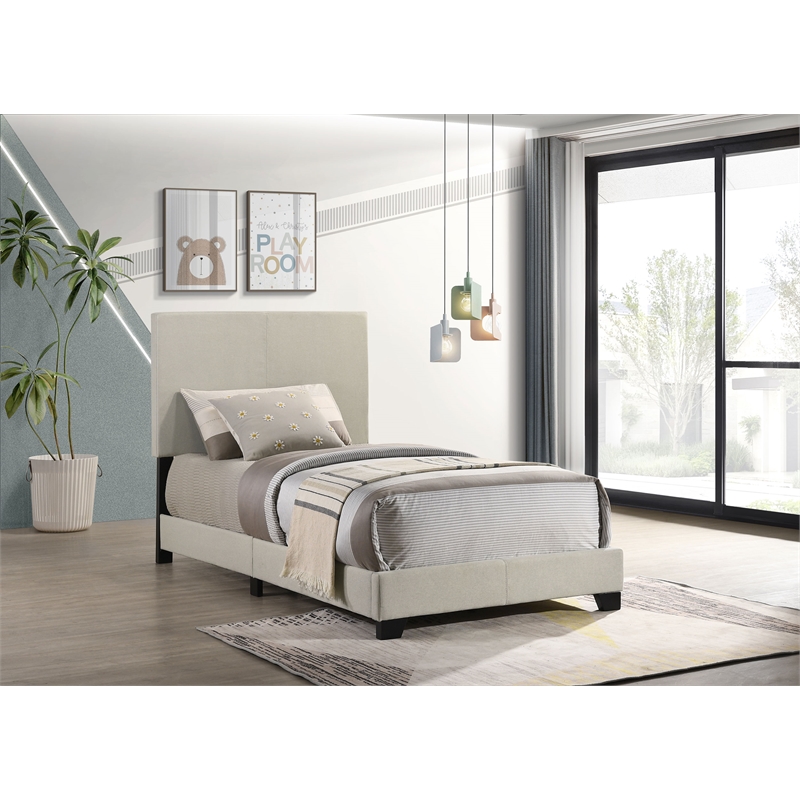 Pemberly Row Fabric Upholstered Twin Panel Bed in Cream Finish