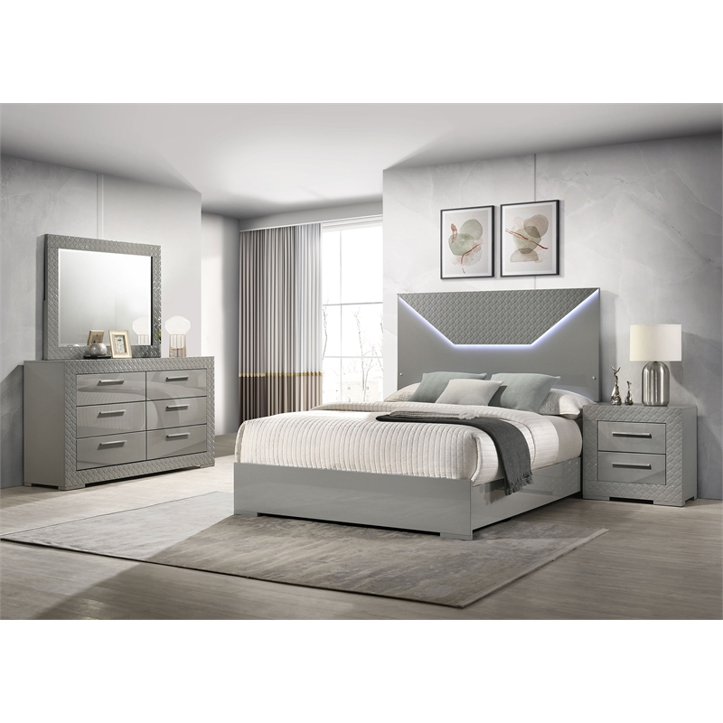 Pemberly Row 4-Piece Queen High Gloss Bedroom Set in Grey Finish