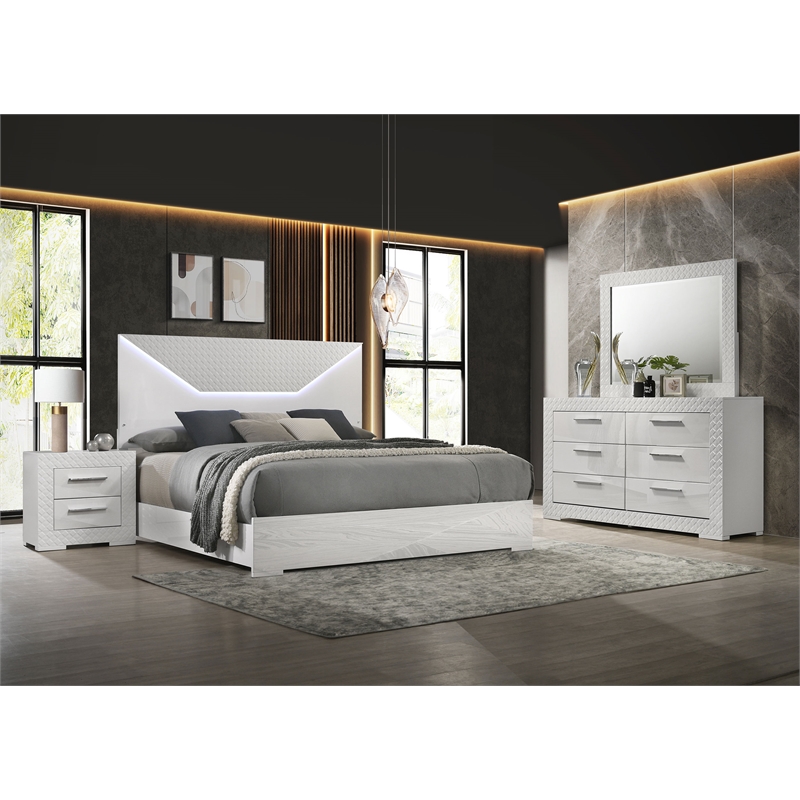 Pemberly Row 4-Piece Queen High Gloss Bedroom Set in White Finish
