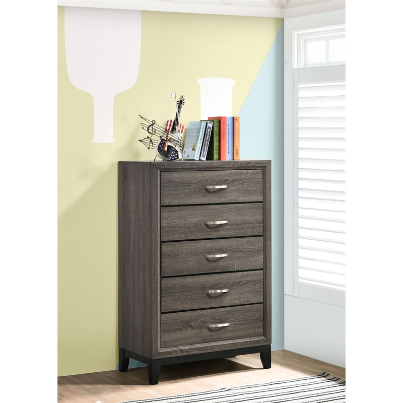 Pemberly Row Mid-Century 5-Drawer Bedroom Chest in Grey Oak Finish