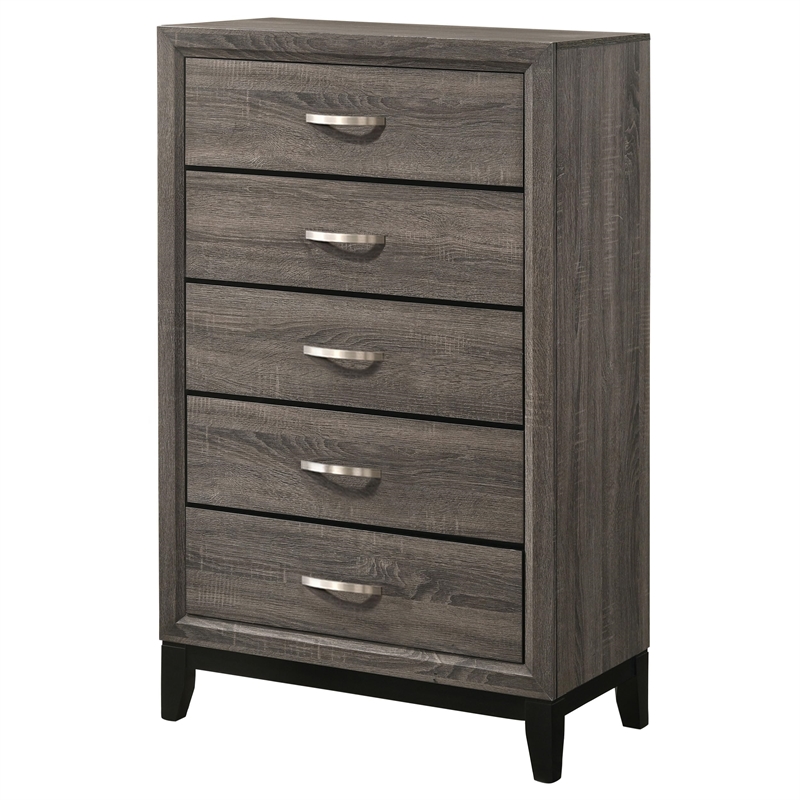 Pemberly Row Mid-Century 5-Drawer Bedroom Chest in Grey Oak Finish