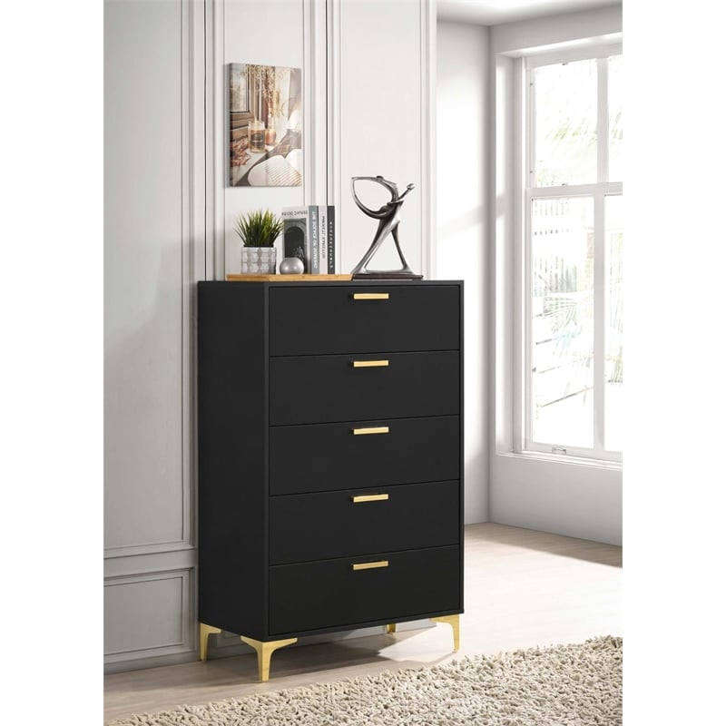 Pemberly Row 5-Drawer Bedroom Chest in Black with Gold Accents