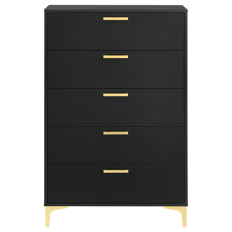Pemberly Row 5-Drawer Bedroom Chest in Black with Gold Accents