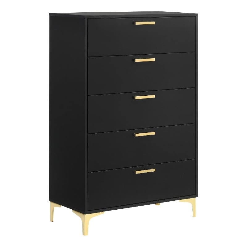 Pemberly Row 5-Drawer Bedroom Chest in Black with Gold Accents