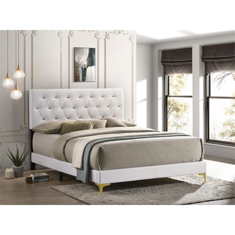 Pemberly Row Glam Upholstered California King Panel Bed in White