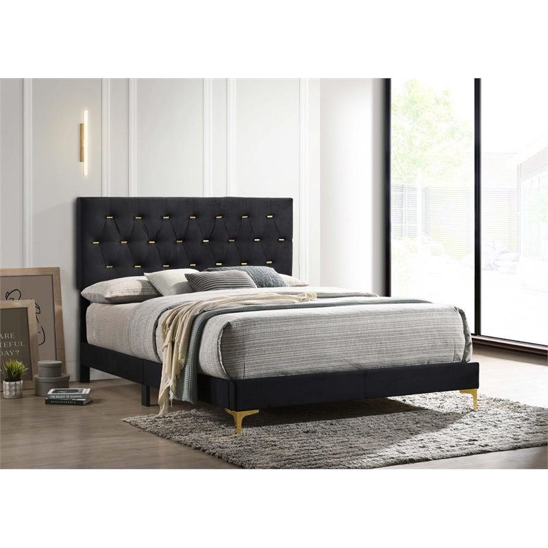 Pemberly Row Glam Upholstered California King Panel Bed in Black
