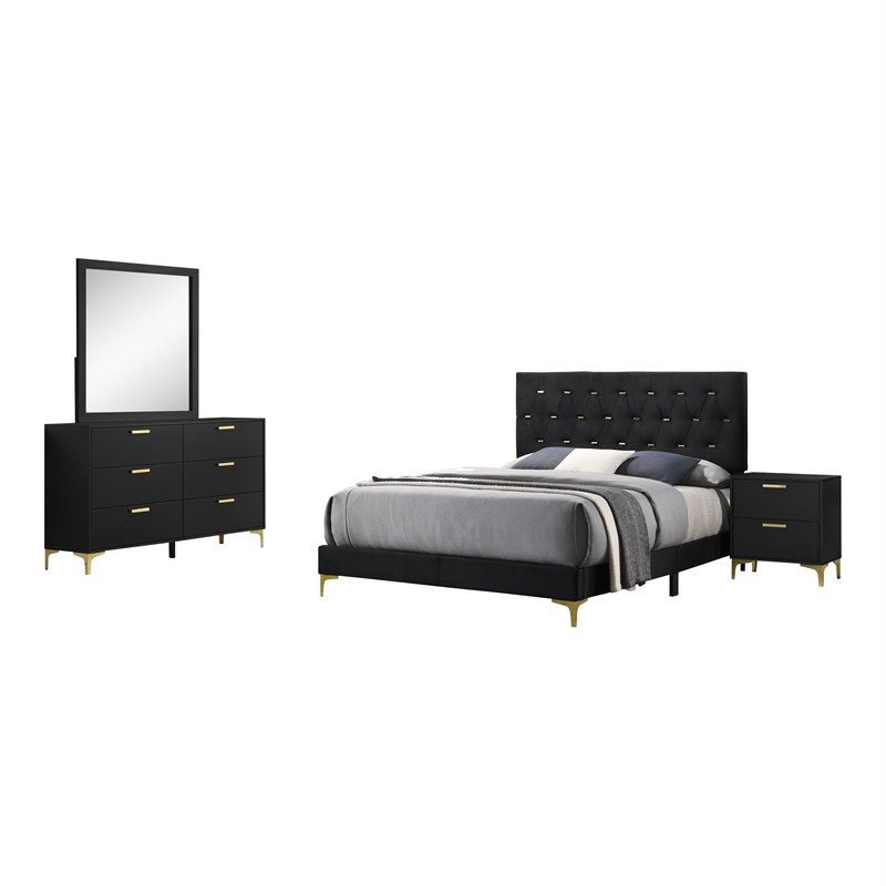 Pemberly Row 4-Piece Queen Glam Upholstered Bedroom Set in Black