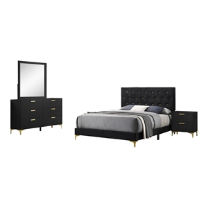 Pemberly Row 4-Piece Queen Glam Upholstered Bedroom Set in Black