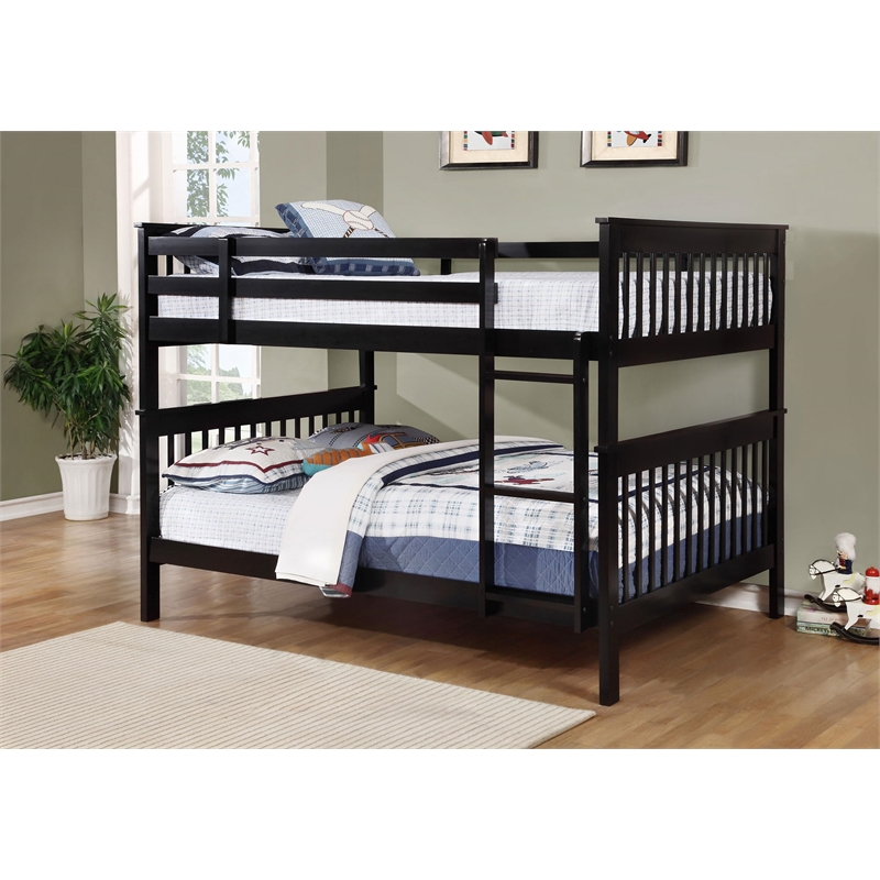 Pemberly Row Wood Slatted Full Over Full Bunk Bed in Black Finish