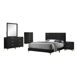 Pemberly Row 5-Piece Queen Glam Upholstered Set in Black Finish