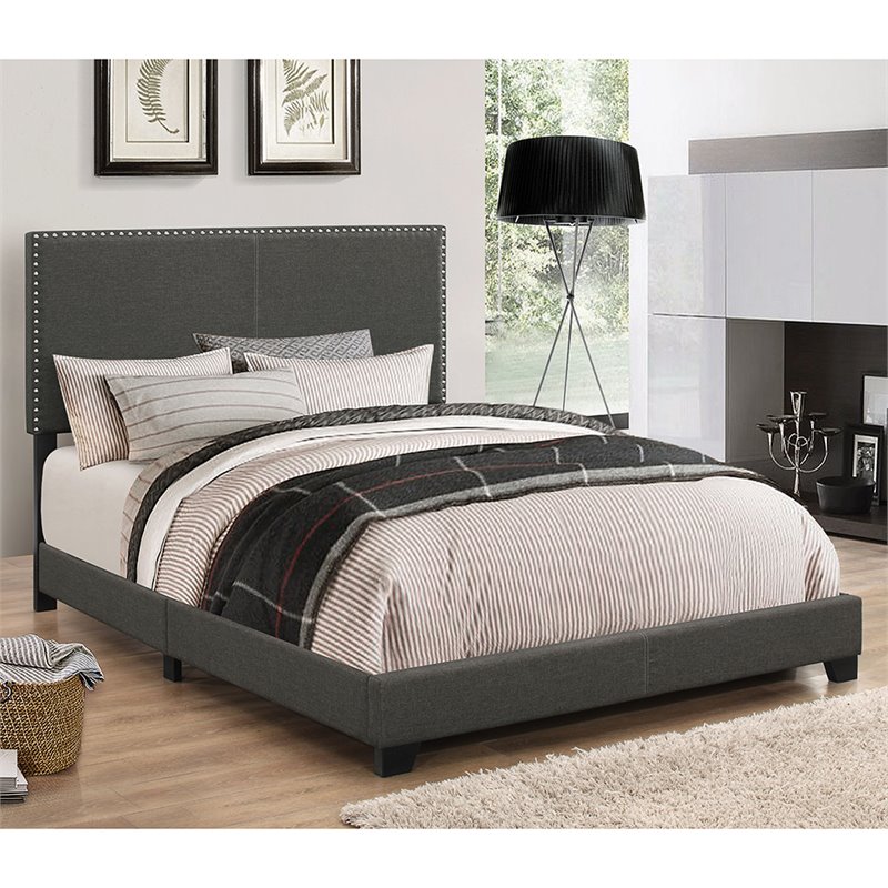 Pemberly Row Nailhead Upholstered California King Bed in Charcoal