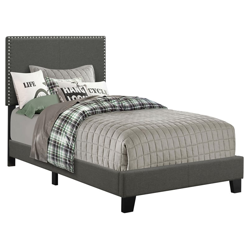 Pemberly Row Nailhead Upholstered Twin Panel Bed in Charcoal
