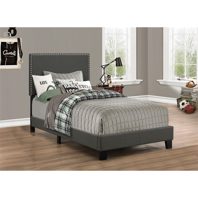 Pemberly Row Nailhead Upholstered Twin Panel Bed in Charcoal