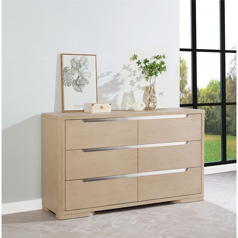 Pemberly Row Contemporary 6-Drawer Bedroom Dresser in Light Elm