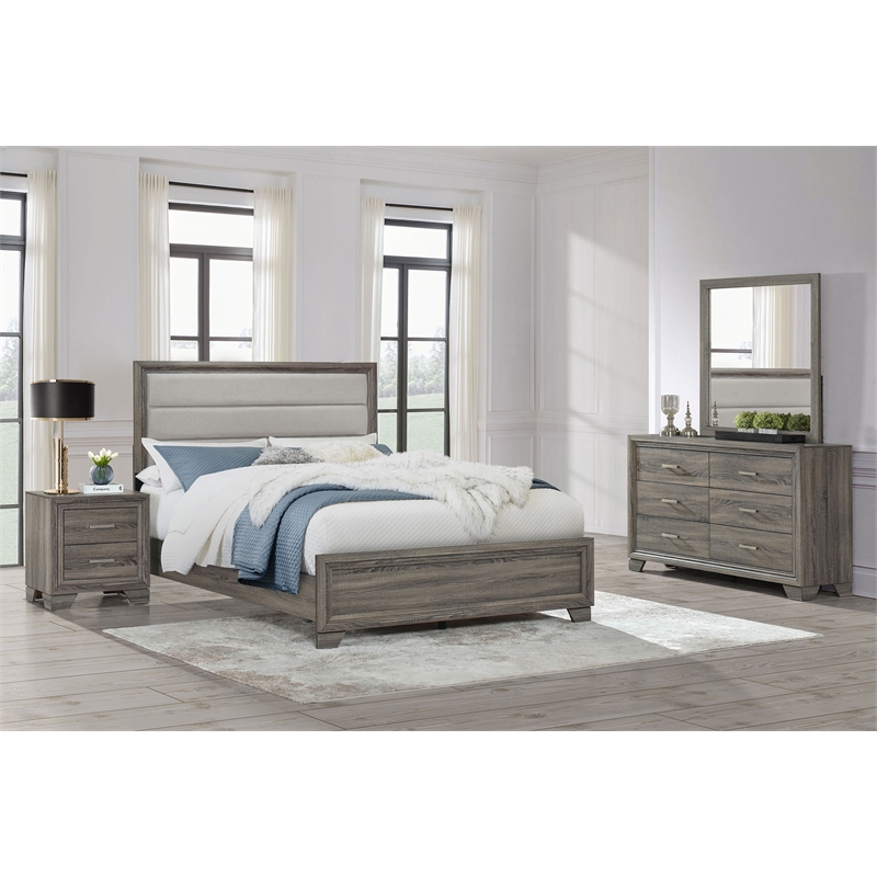 Pemberly Row 4-Piece Queen Upholstered Bedroom Set in Brown Oak