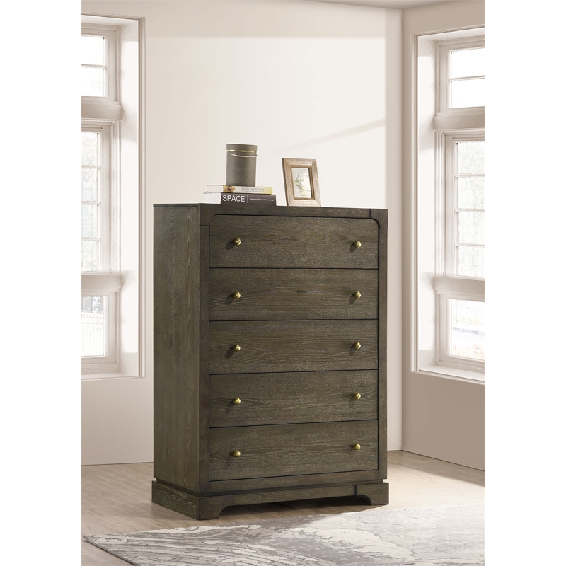 Pemberly Row 5-Drawer Bedroom Chest with Brass Knobs in Dark Cocoa