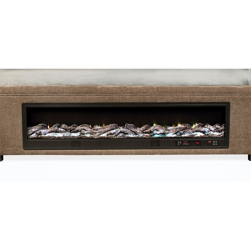 Pemberly Row Upholstered California King Flame Visualizer Bed in Brown