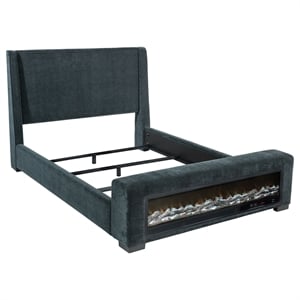 Pemberly Row Upholstered Eastern King Flame Visualizer Bed in Dark Blue