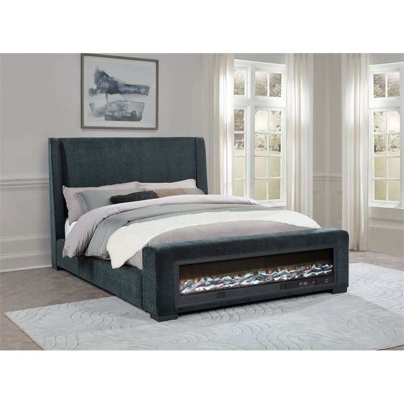 Pemberly Row Upholstered California King Flame Visualizer Bed in Dark Blue