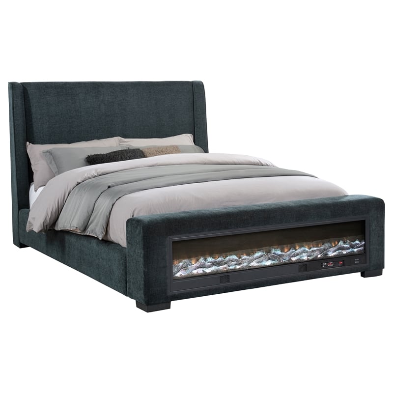 Pemberly Row Upholstered California King Flame Visualizer Bed in Dark Blue