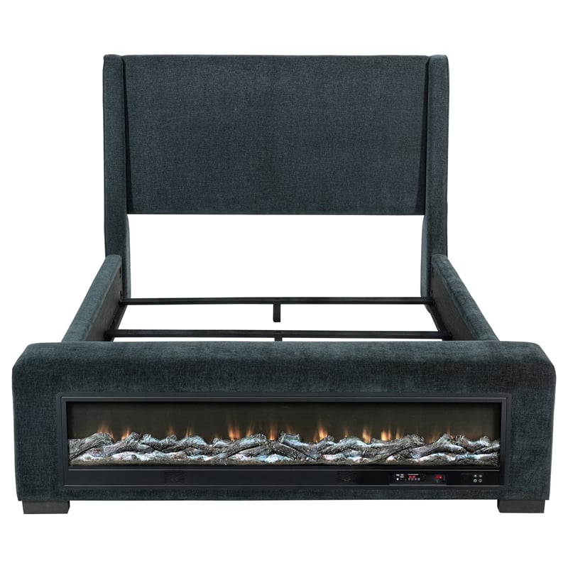 Pemberly Row Upholstered California King Flame Visualizer Bed in Dark Blue