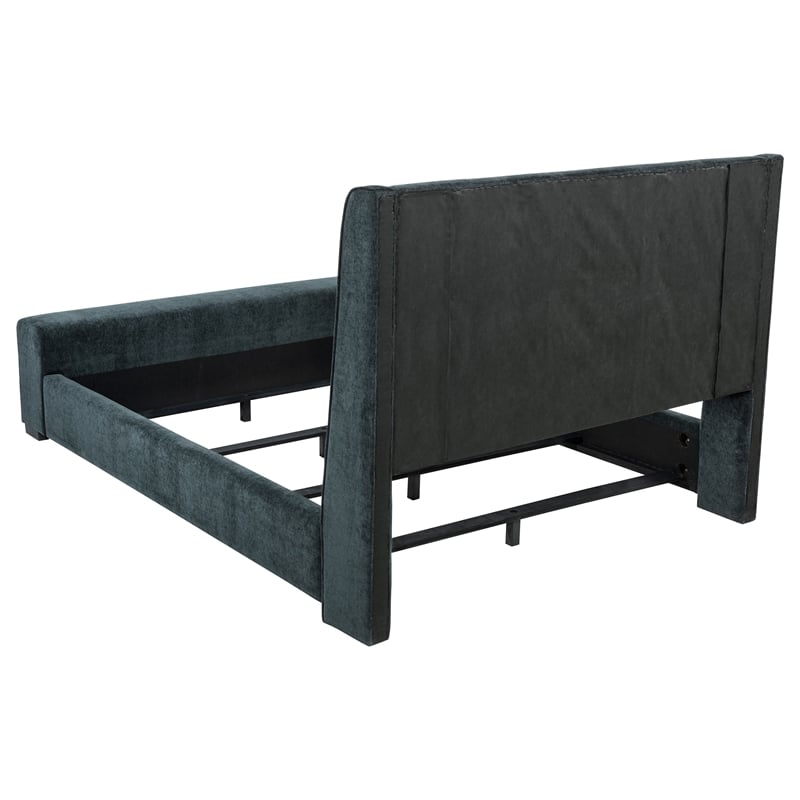 Pemberly Row Upholstered California King Flame Visualizer Bed in Dark Blue