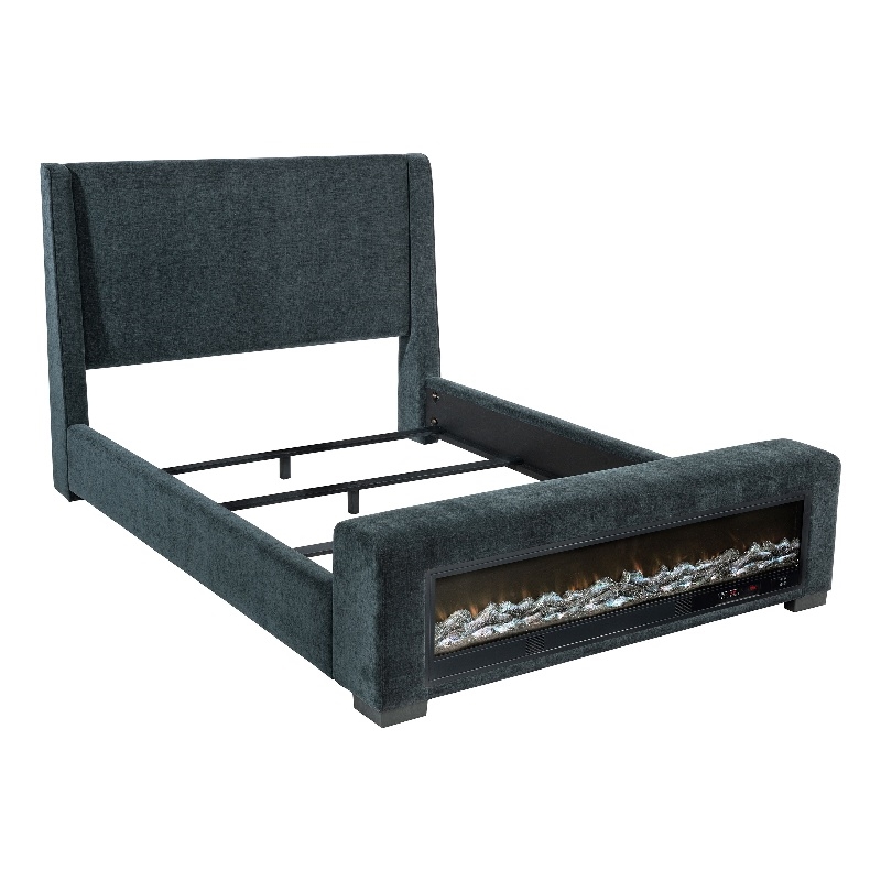 Pemberly Row Upholstered California King Flame Visualizer Bed in Dark Blue