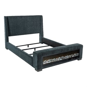 Pemberly Row Upholstered California King Flame Visualizer Bed in Dark Blue