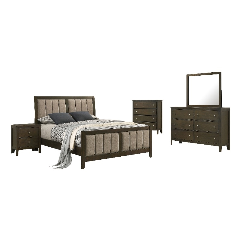 Pemberly Row 5-Piece Full Upholstered Bedroom Set in Dark Cocoa