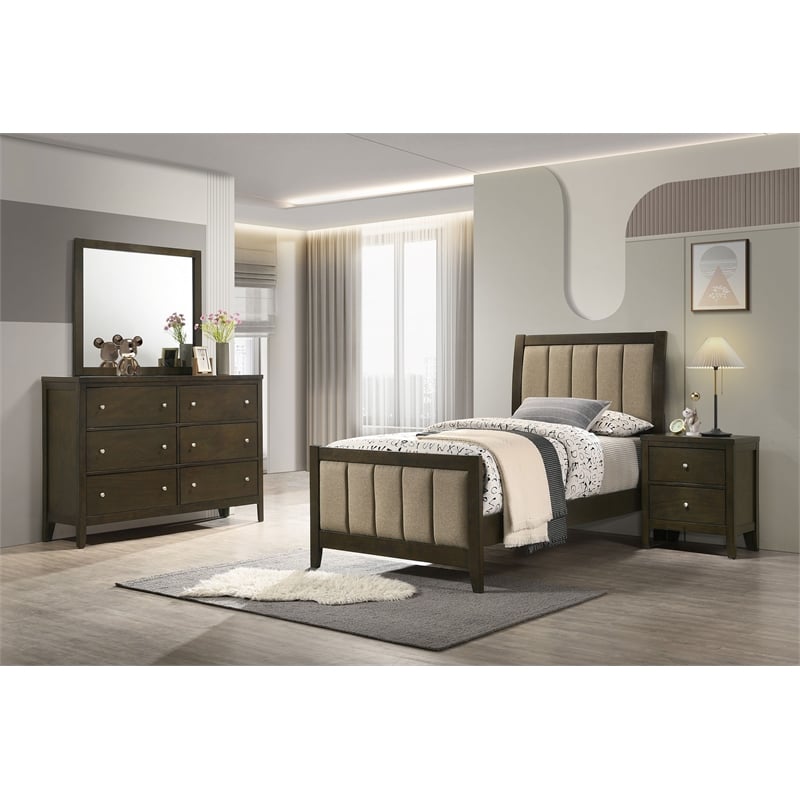 Pemberly Row 4-Piece Twin Upholstered Bedroom Set in Dark Cocoa