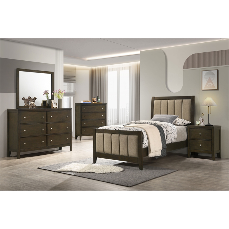 Pemberly Row 5-Piece Twin Upholstered Bedroom Set in Dark Cocoa