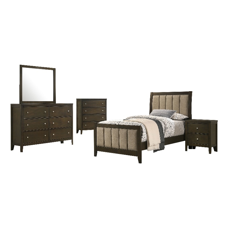 Pemberly Row 5-Piece Twin Upholstered Bedroom Set in Dark Cocoa