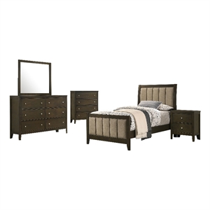 Pemberly Row 5-Piece Twin Upholstered Bedroom Set in Dark Cocoa