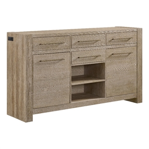 Pemberly Row Solid Spruce Wood Sideboard with Outlet in Weathered Sand