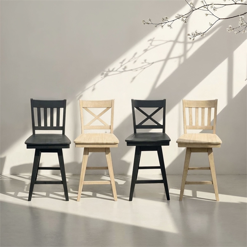 Pemberly Row Solid Wood Slat-Back Swivel Counter Barstool in Natural