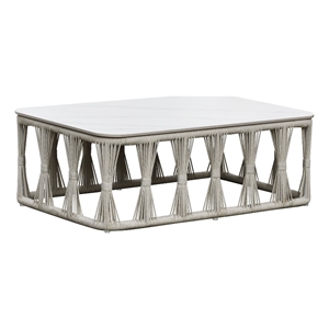 Pemberly Row Aluminum Outdoor Coffee Table with Stone Top in White