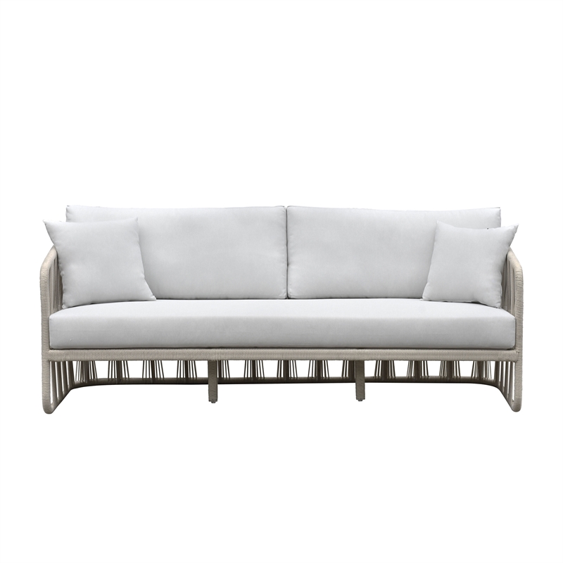 Pemberly Row Cushioned Aluminum Outdoor Patio Sofa with Pillows in White