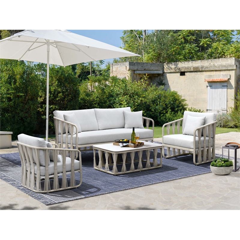 Pemberly Row Cushioned Aluminum Outdoor Patio Sofa with Pillows in White
